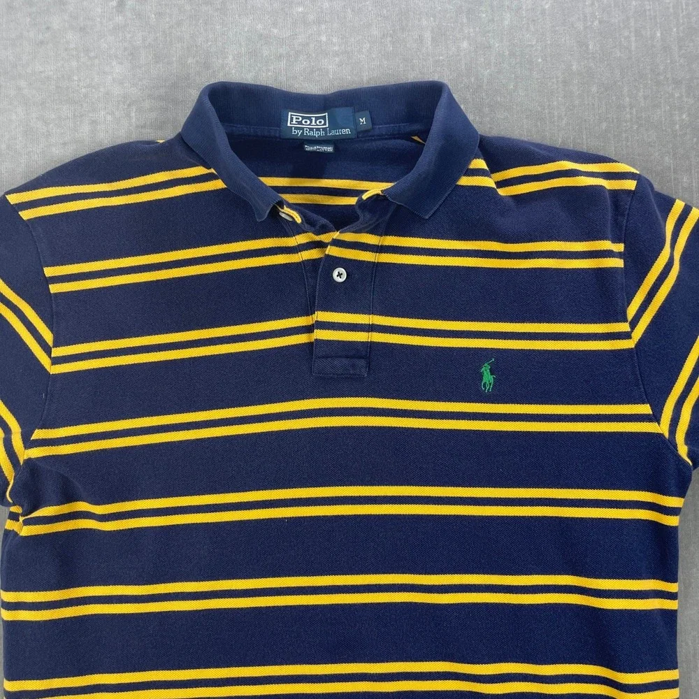 Polo Ralph Lauren Mens M Navy Yellow Striped Short Sleeve Pique‎ Polo Shirt